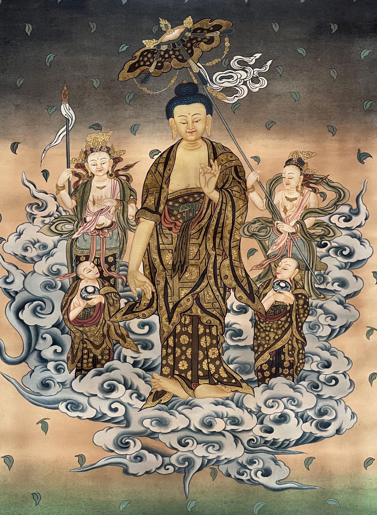 24k Gold Amitabha Buddha Japanese Thangka • Amida Sanzon with Kannon and Seishi Painting