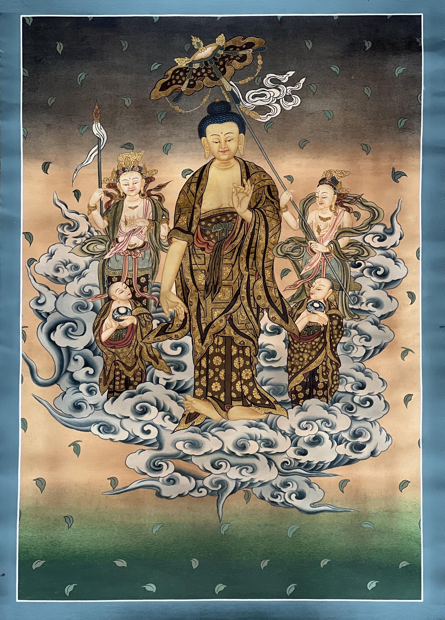 24k Gold Amitabha Buddha Japanese Thangka • Amida Sanzon with Kannon and Seishi Painting