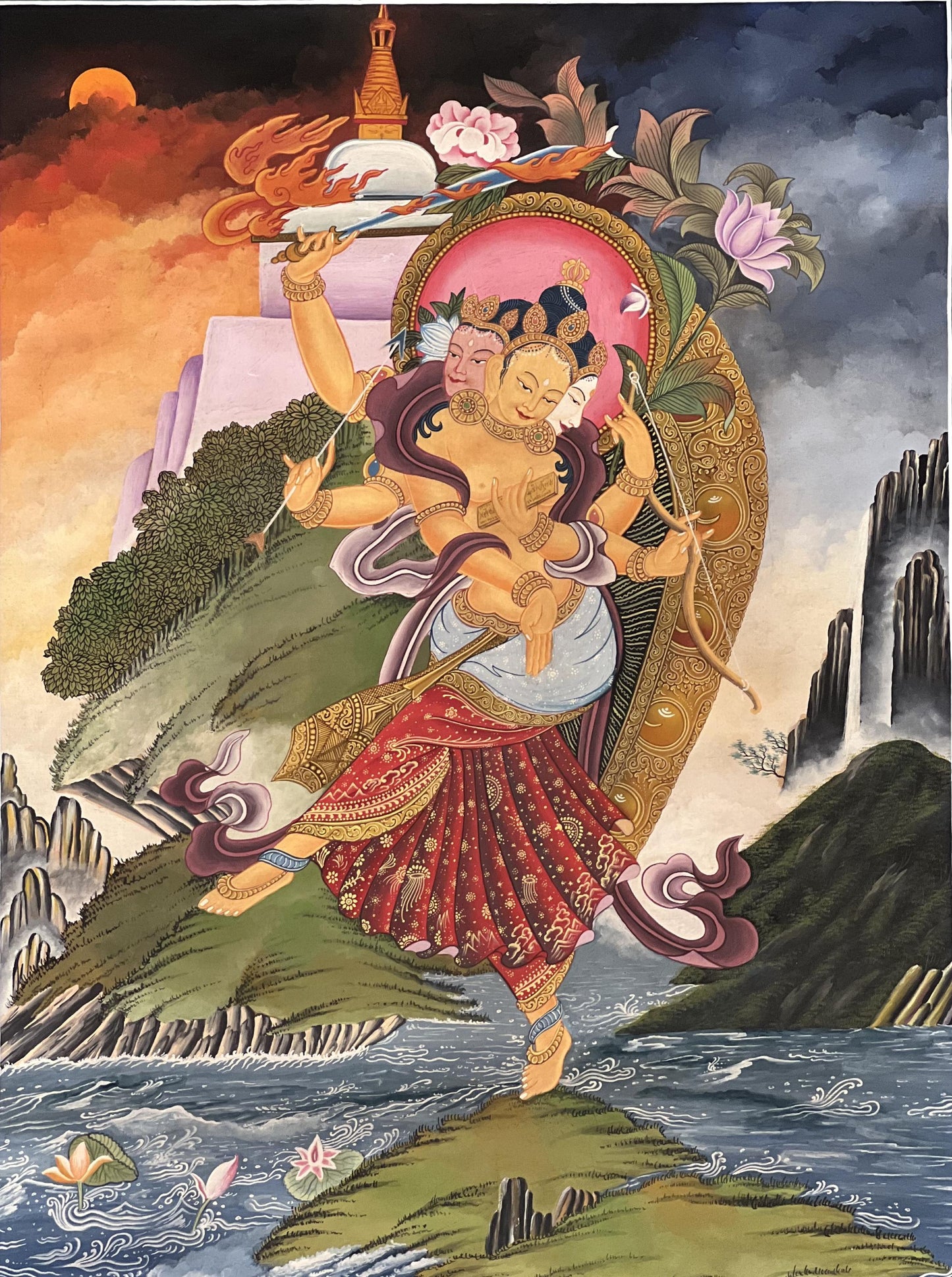 Trikaya Dancing Manjushri Thangka Hand Painted Newari Paubha Tibetan Buddhist Art