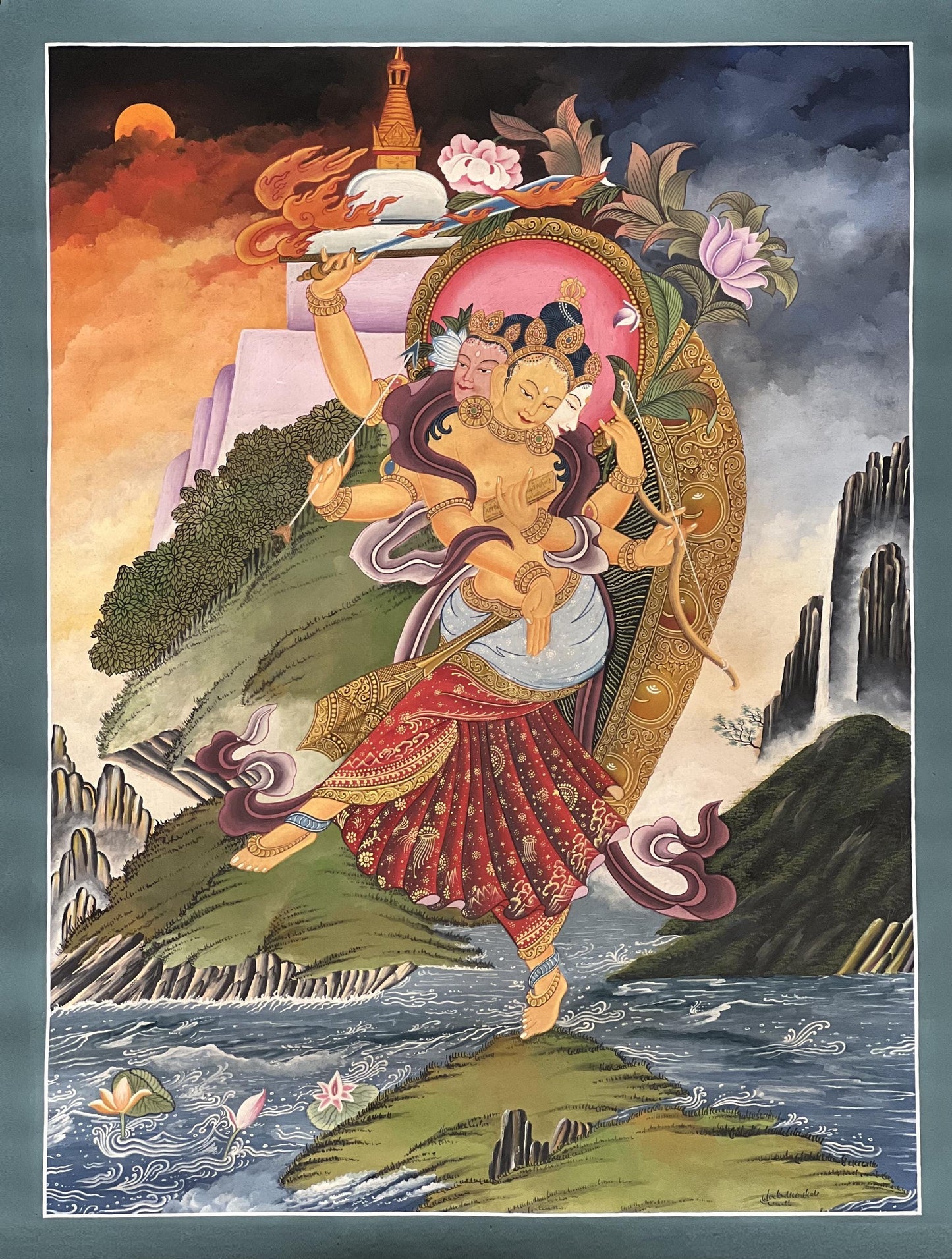 Trikaya Dancing Manjushri Thangka Hand Painted Newari Paubha Tibetan Buddhist Art