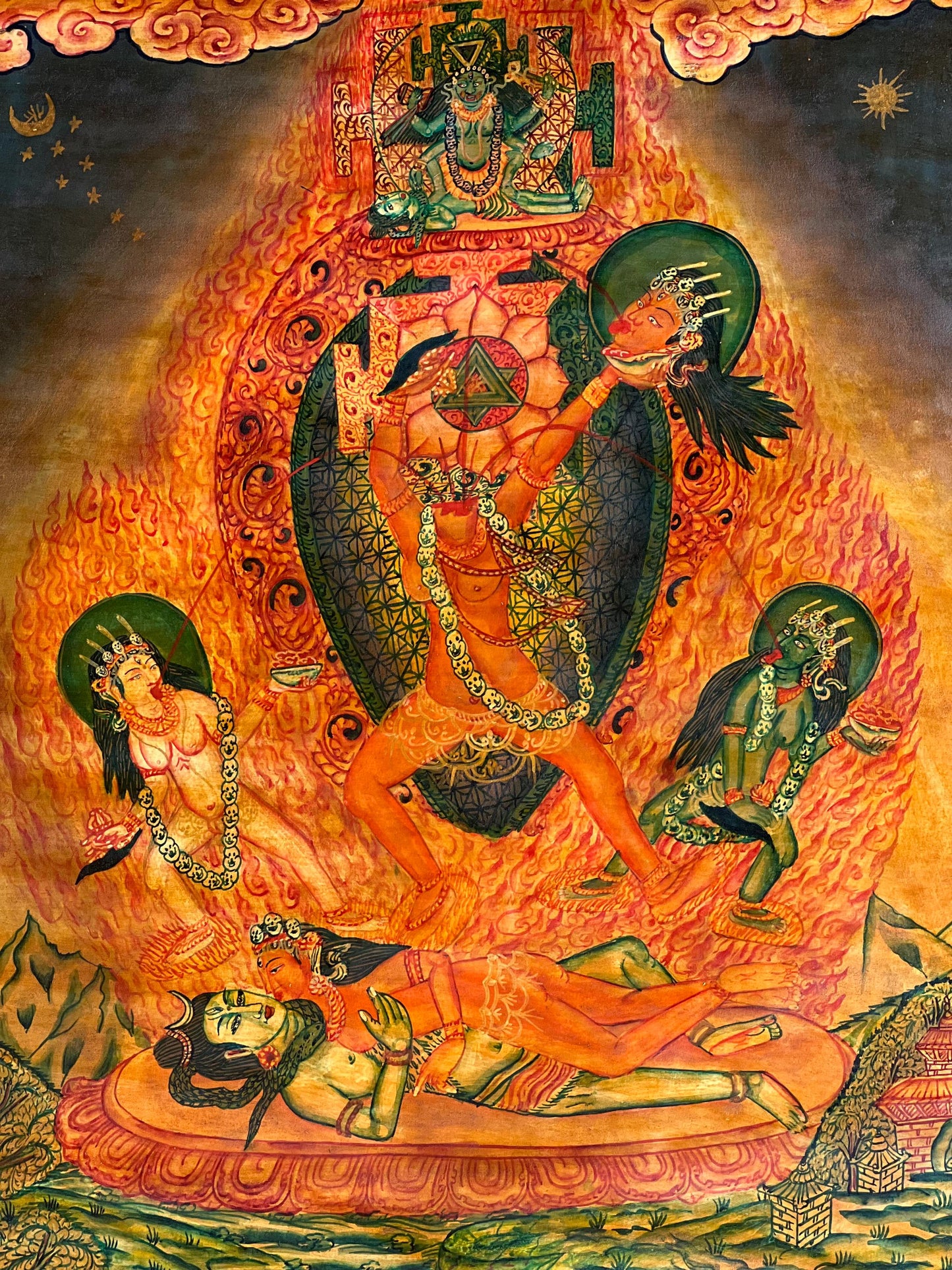 Hand-Painted Chhinnamasta Thangka | Newari Paubha, Silk Brocade Frame