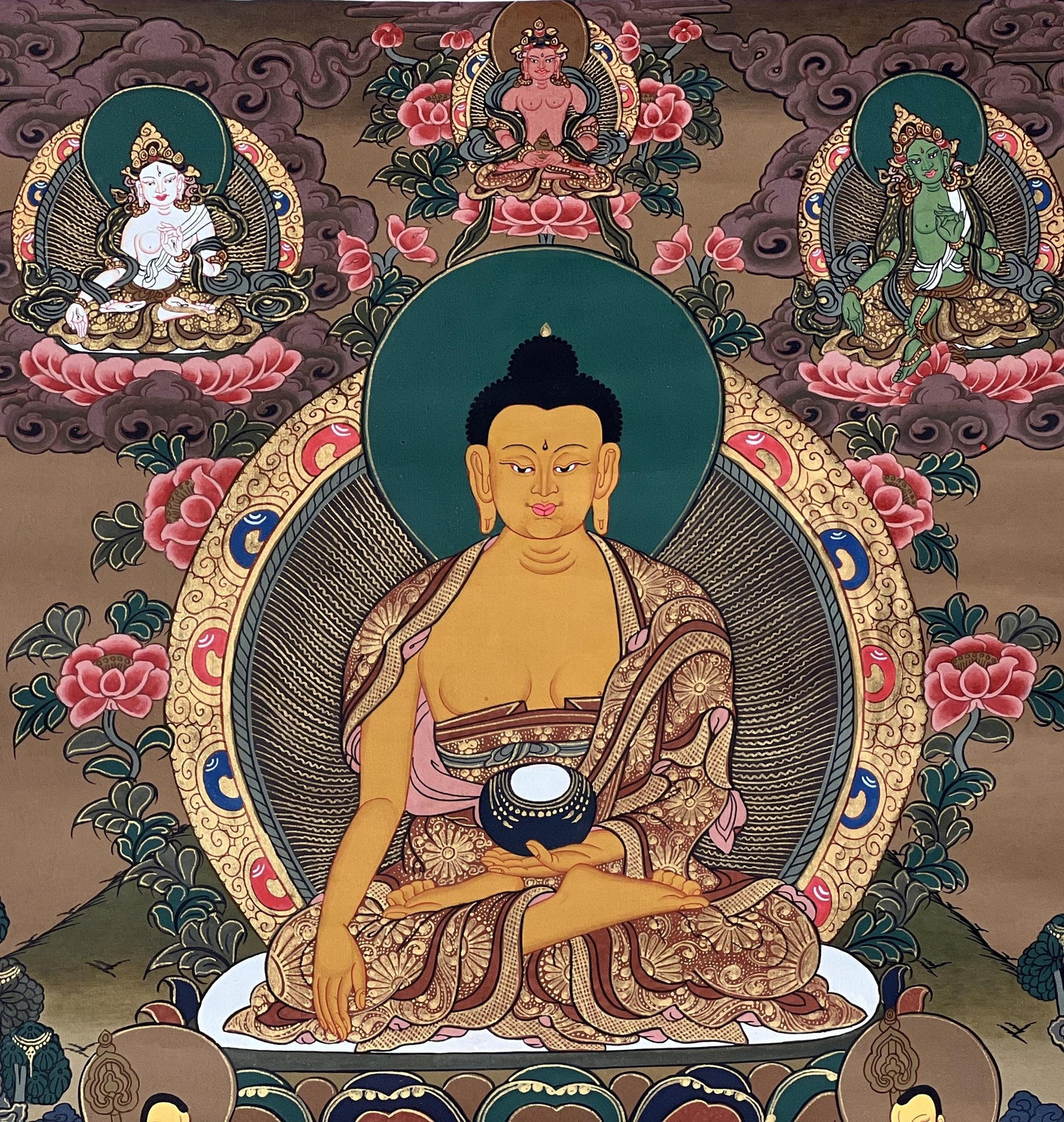 Hand-Painted Shakyamuni Buddha Thangka: Silk Brocade Tibetan Art