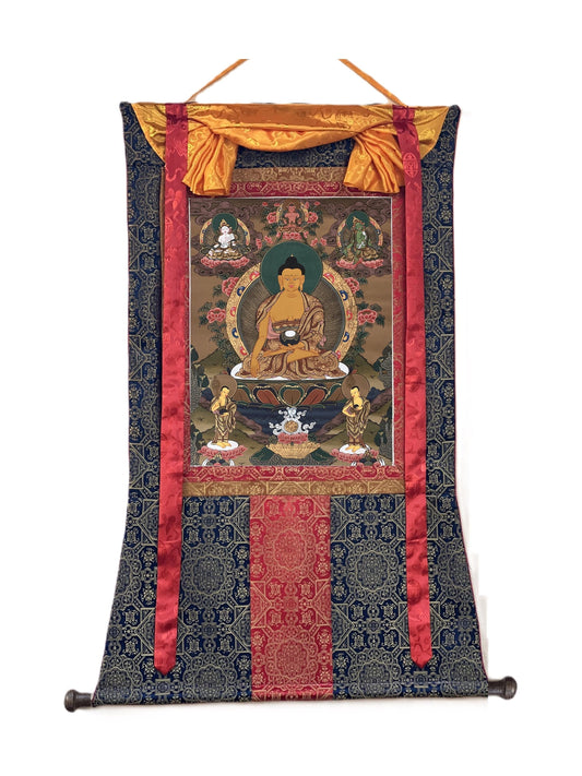 Hand-Painted Shakyamuni Buddha Thangka: Silk Brocade Tibetan Art