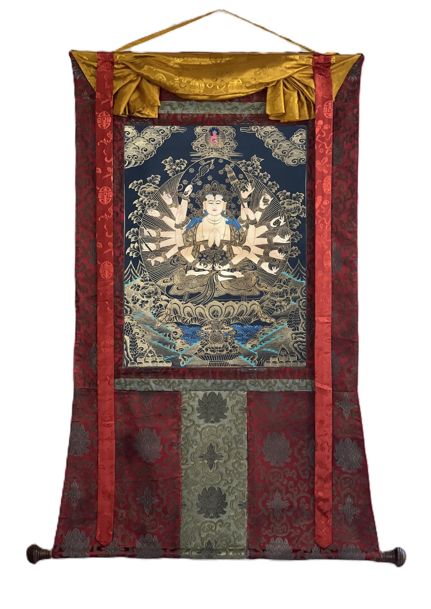 Hand-Painted Chandi Thangka Painting, Framed Silk Brocade, Tibetan Goddess Decor