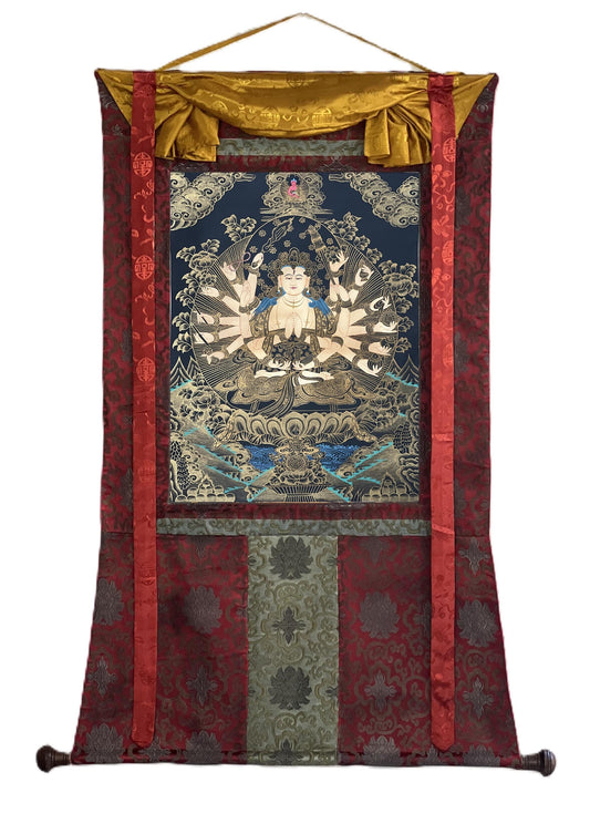 Hand-Painted Chandi Thangka Painting, Framed Silk Brocade, Tibetan Goddess Decor