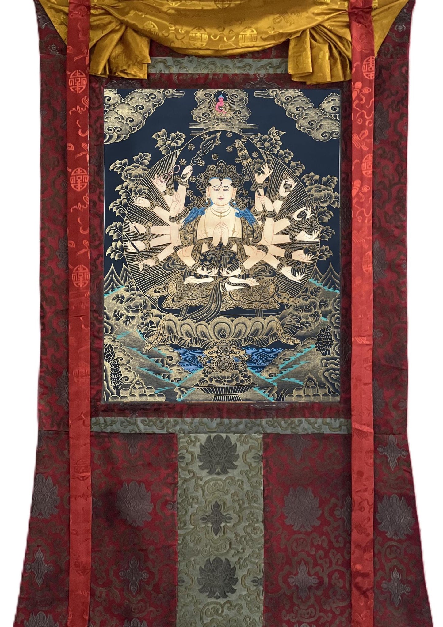 Hand-Painted Chandi Thangka Painting, Framed Silk Brocade, Tibetan Goddess Decor