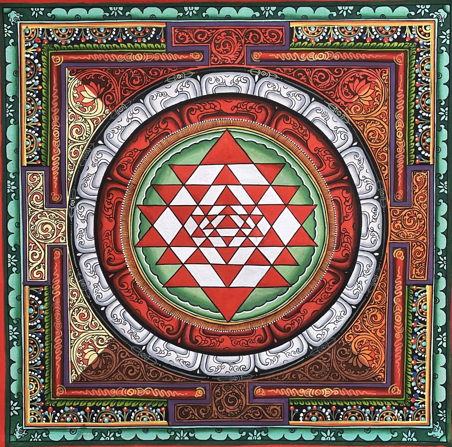 Hand-Painted Sri Yantra Art | Newari Paubha, Sacred Geometry