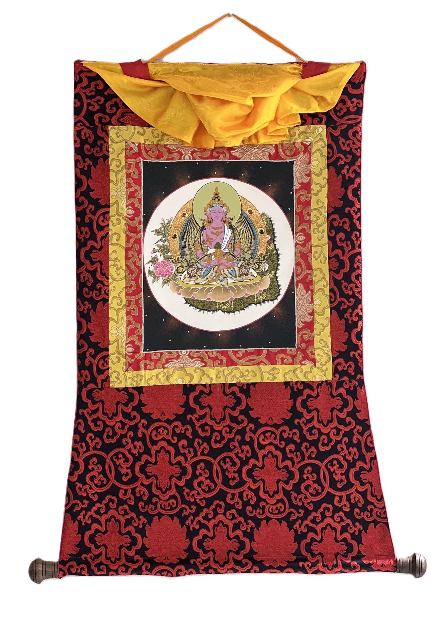Hand-Painted Amitayus Buddha Thangka | Silk Brocade Tibetan Wall Hanging