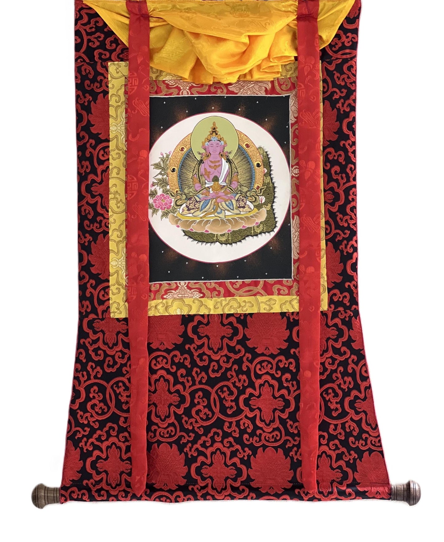 Hand-Painted Amitayus Buddha Thangka | Silk Brocade Tibetan Wall Hanging