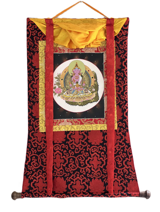 Hand-Painted Amitayus Buddha Thangka | Silk Brocade Tibetan Wall Hanging
