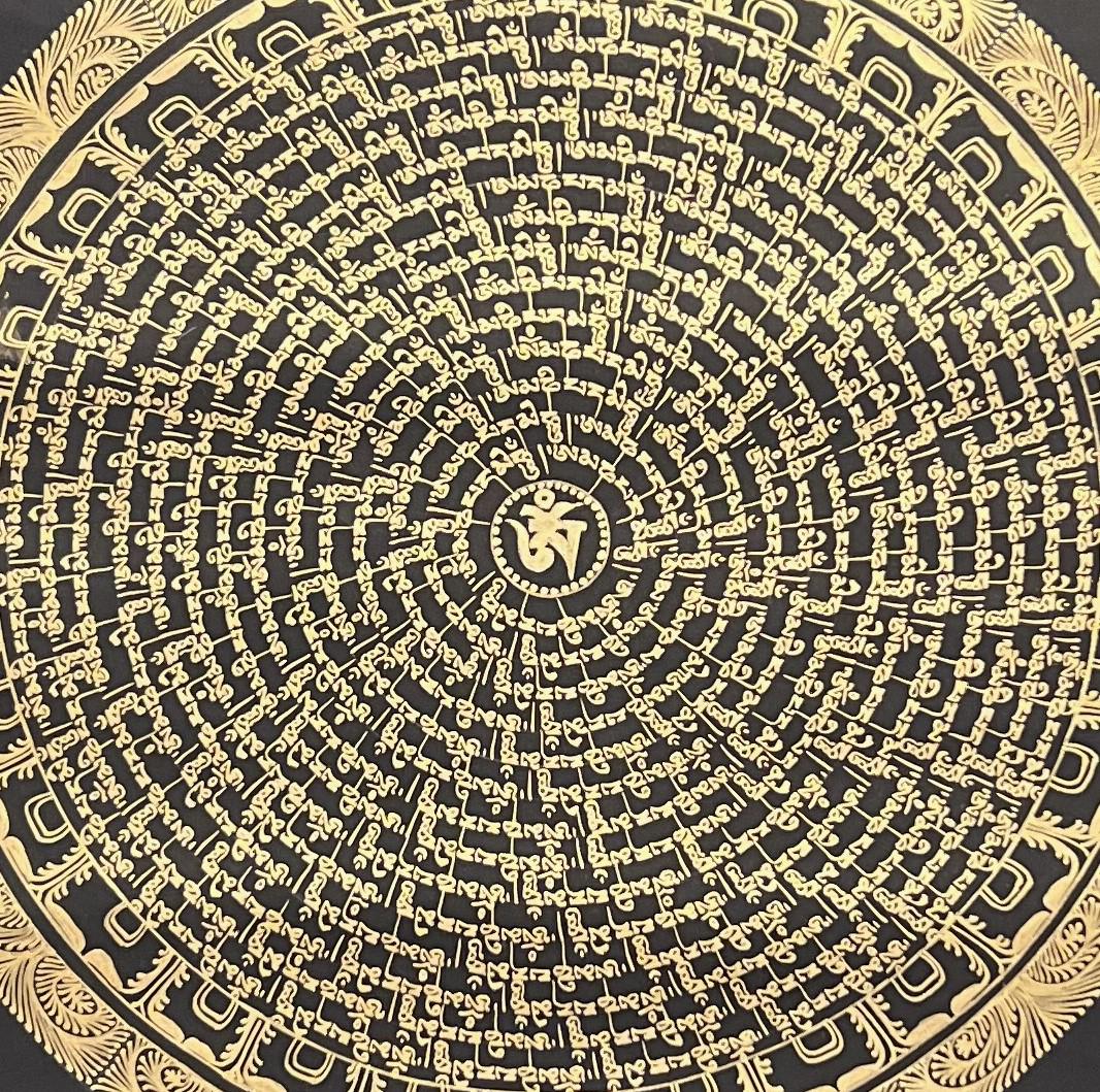 Hand-Painted Om Mani Padme Hum Mandala – Black and Gold Tibetan Thangka