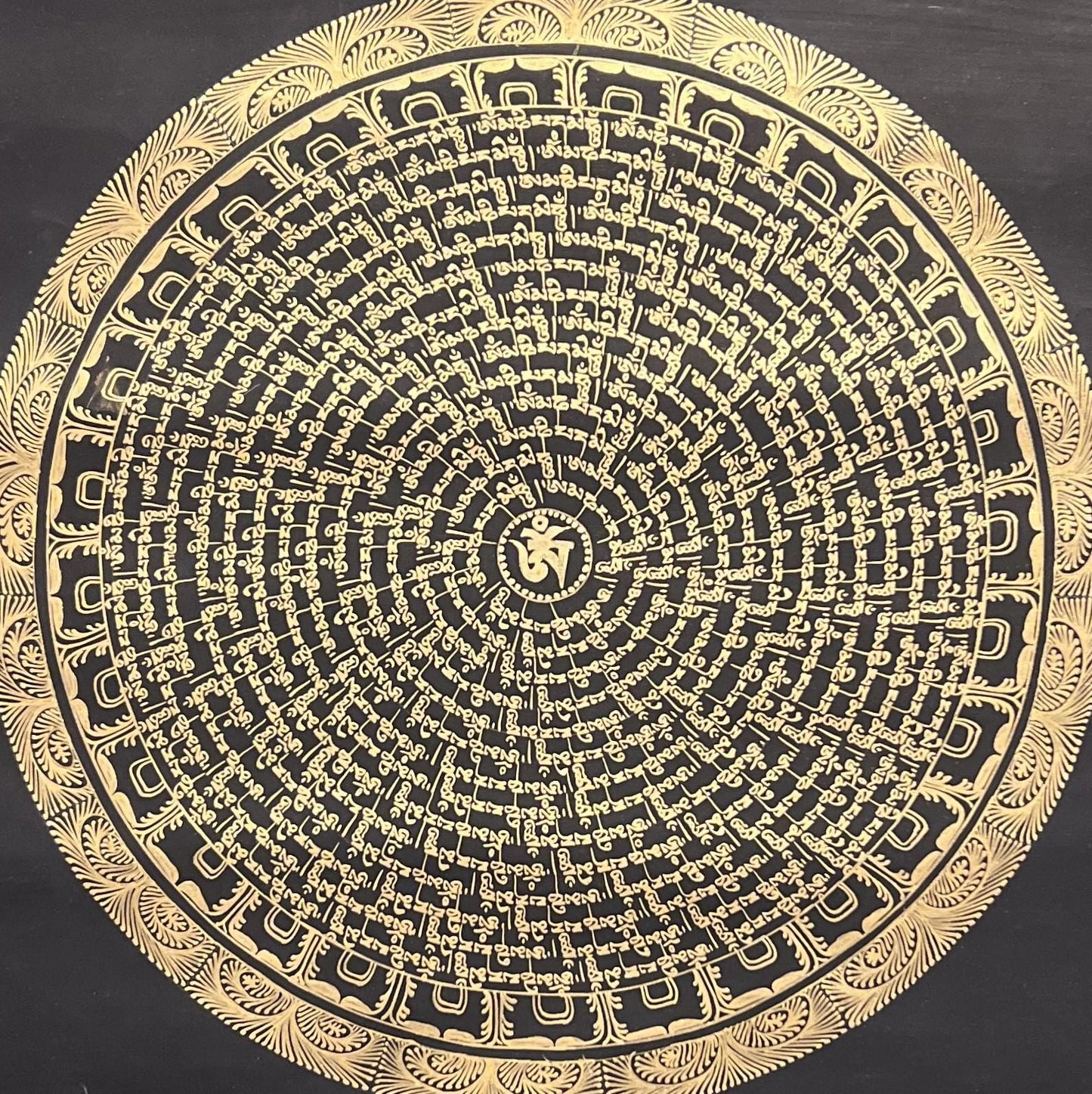 Hand-Painted Om Mani Padme Hum Mandala – Black and Gold Tibetan Thangka