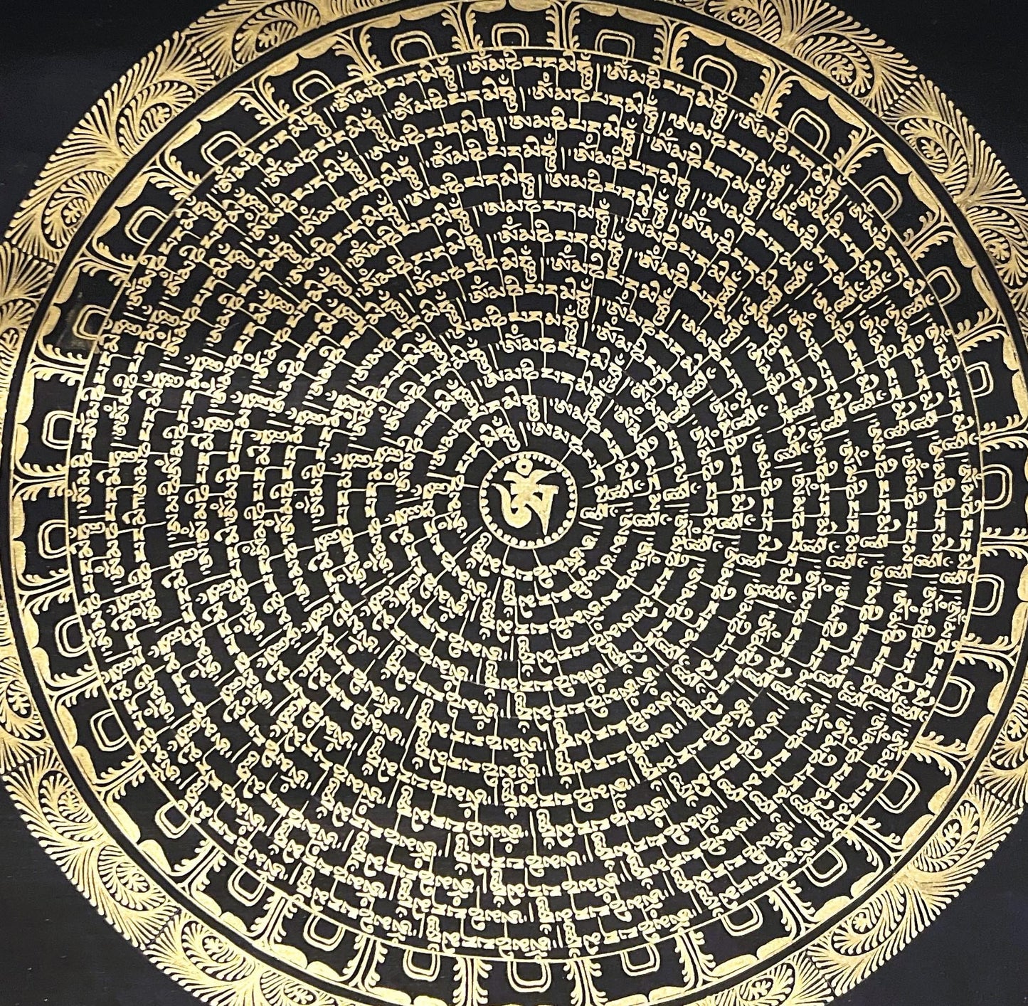 Hand-Painted Om Mani Padme Hum Mandala – Black and Gold Tibetan Thangka