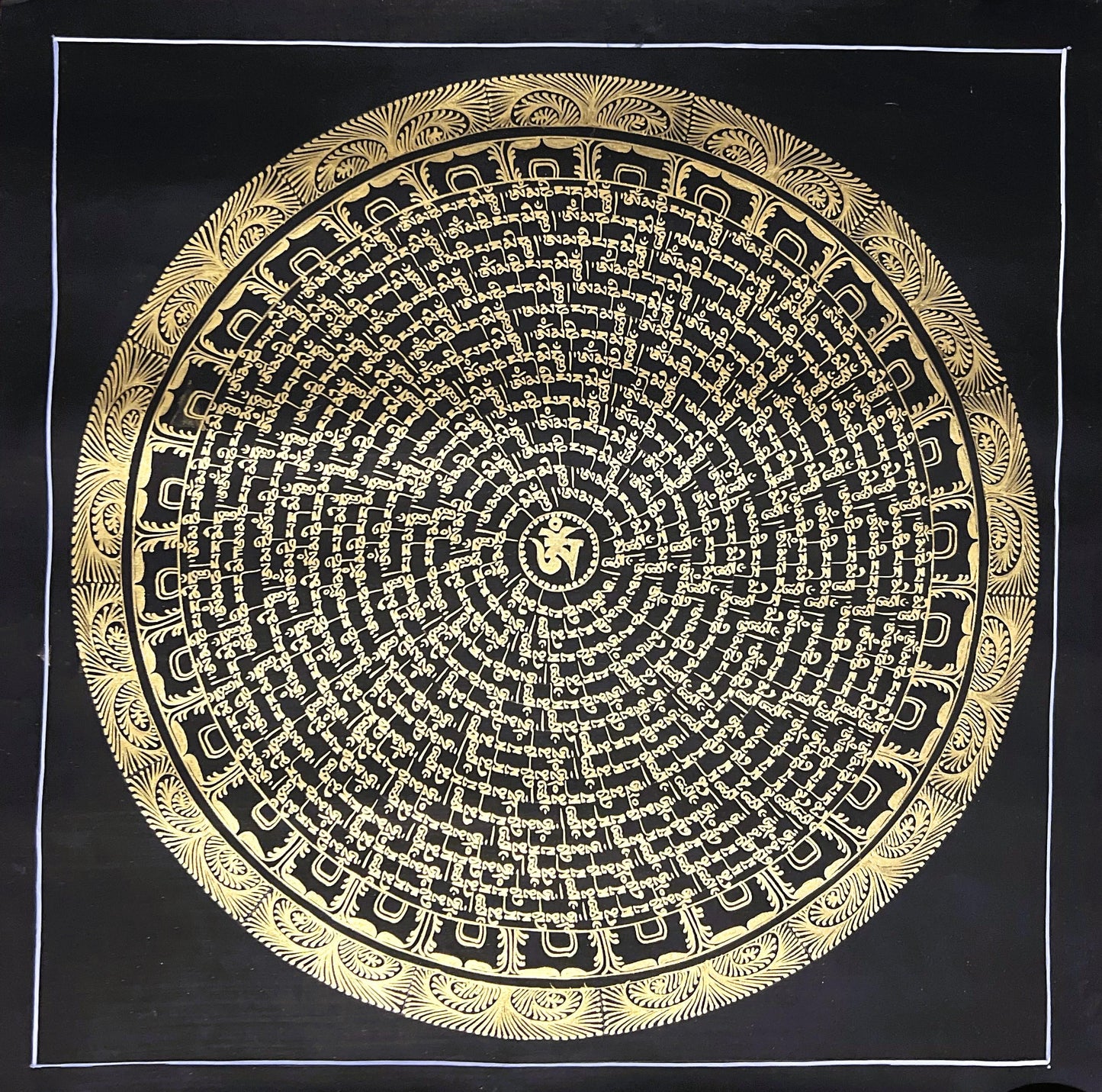 Hand-Painted Om Mani Padme Hum Mandala – Black and Gold Tibetan Thangka