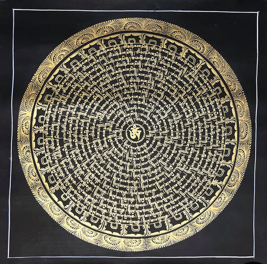 Hand-Painted Om Mani Padme Hum Mandala – Black and Gold Tibetan Thangka