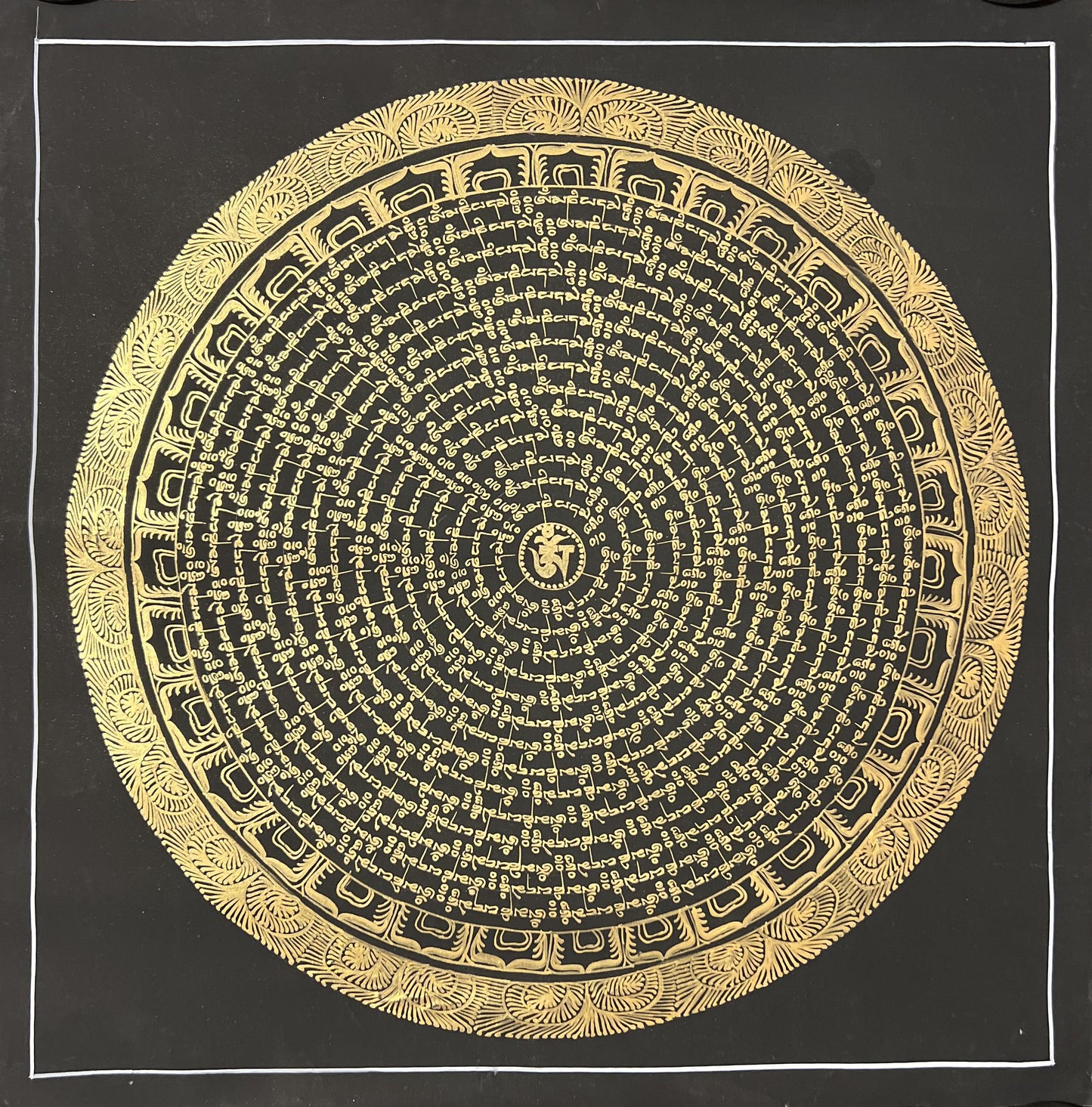 Handmade Black and Gold Om Mani Padme Hum Thangka | Tibetan Mandala Art