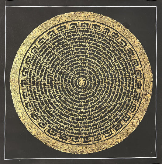 Handmade Black and Gold Om Mani Padme Hum Thangka | Tibetan Mandala Art