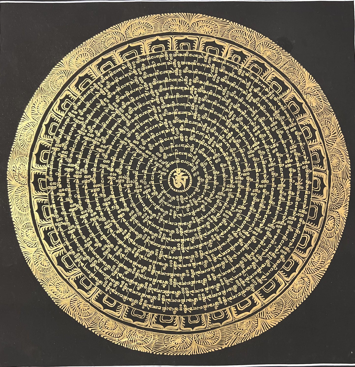 Handmade Black and Gold Om Mani Padme Hum Thangka | Tibetan Mandala Art