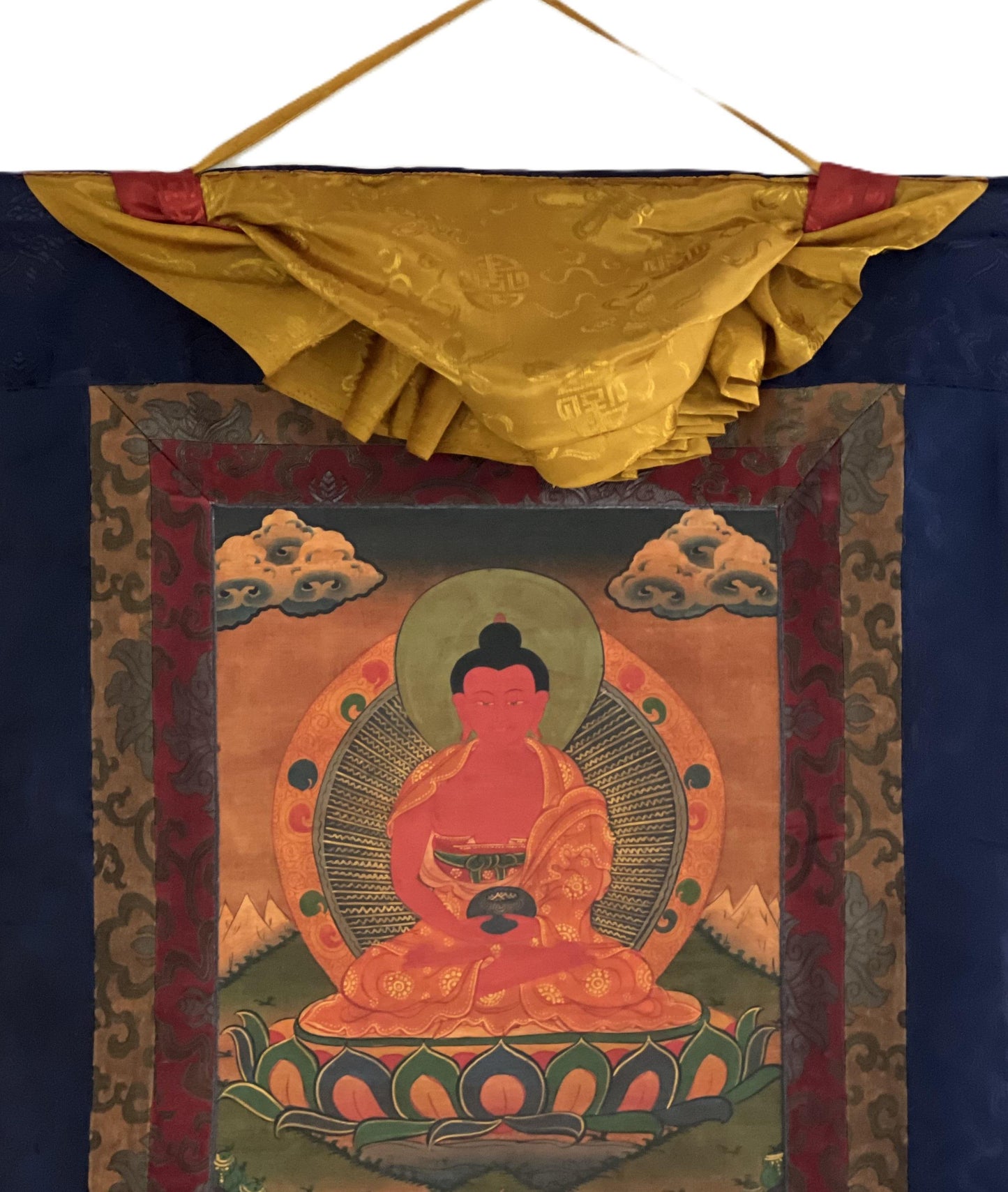 Hand-Painted Amitabha Buddha Thangka | Tibetan Silk Brocade Painting