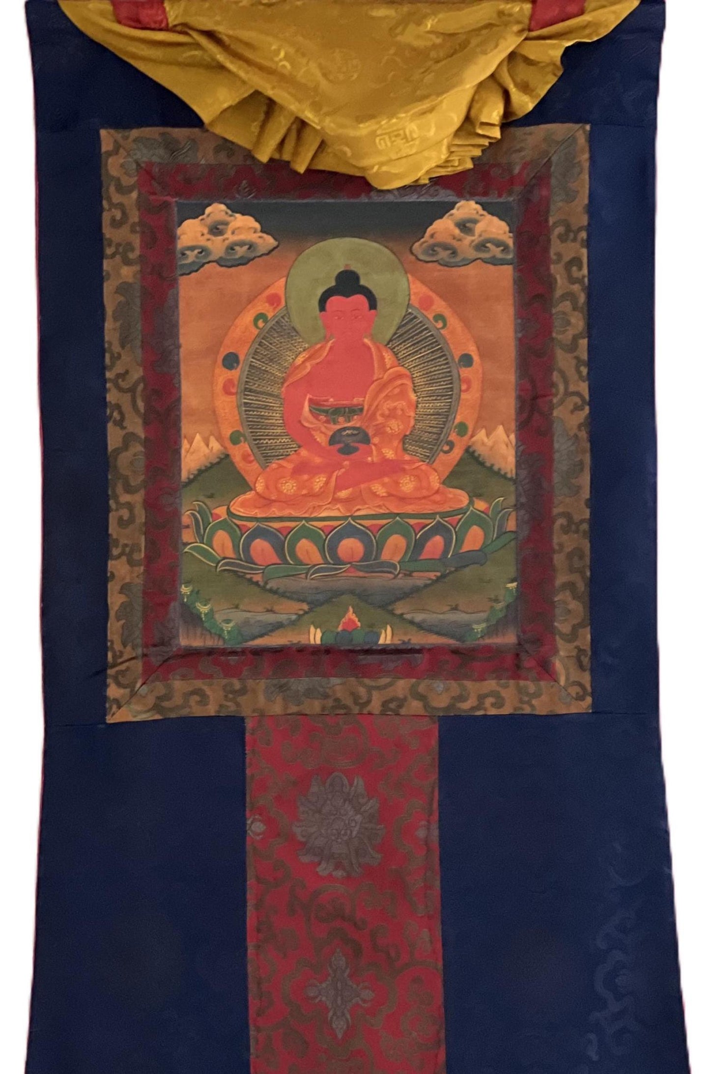 Hand-Painted Amitabha Buddha Thangka | Tibetan Silk Brocade Painting