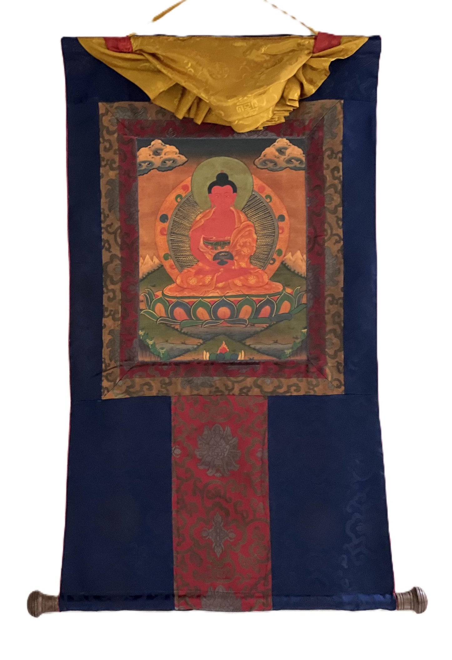 Hand-Painted Amitabha Buddha Thangka | Tibetan Silk Brocade Painting