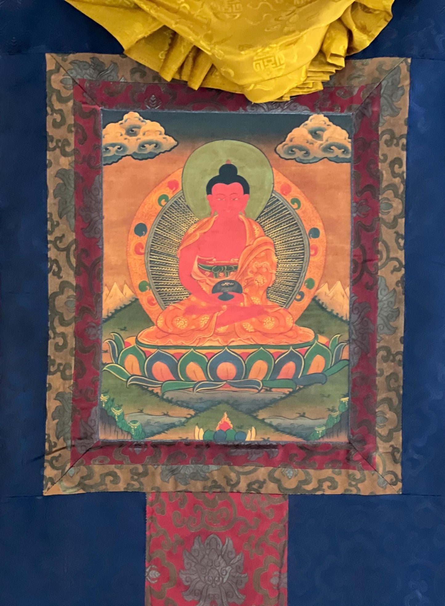 Hand-Painted Amitabha Buddha Thangka | Tibetan Silk Brocade Painting