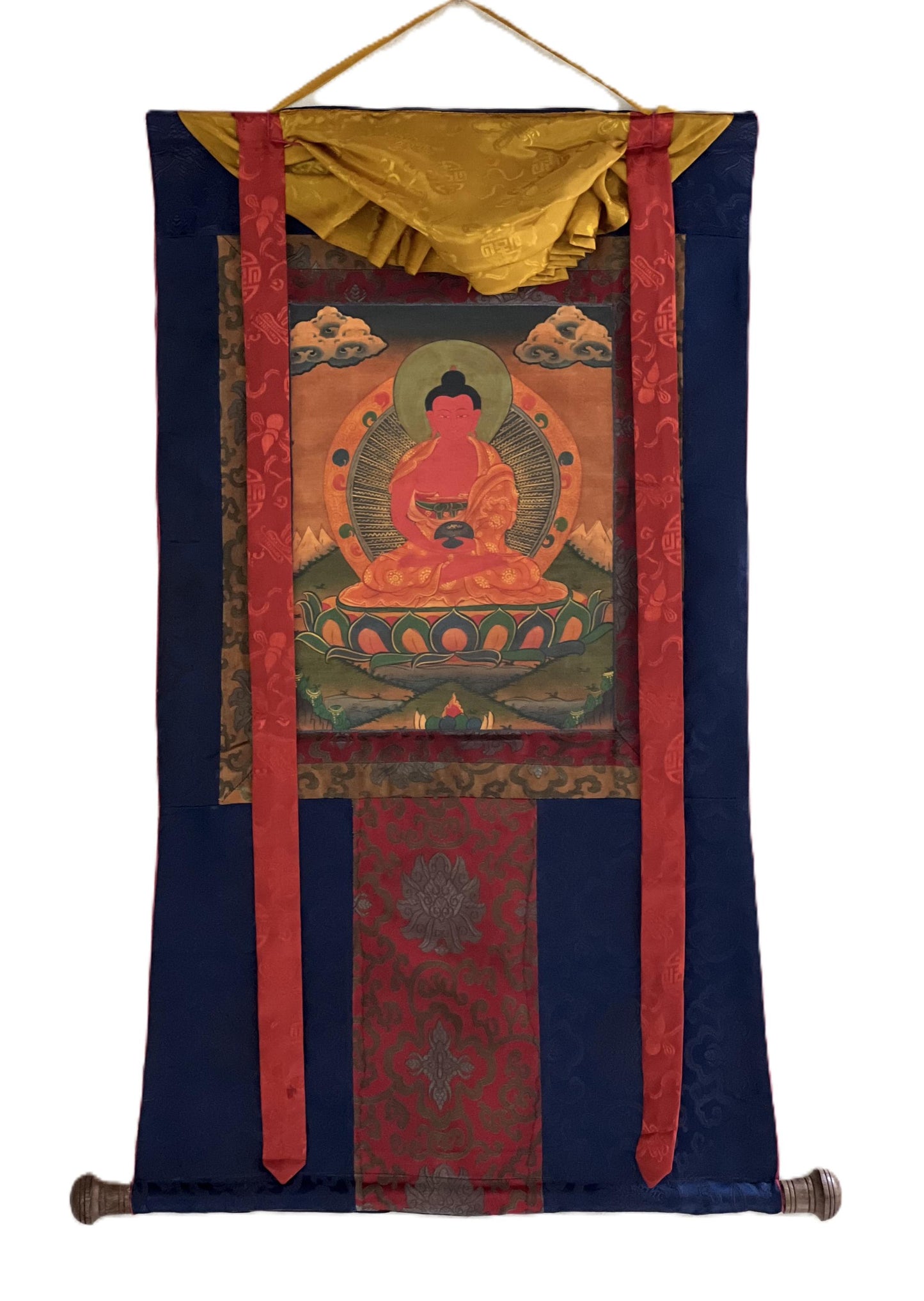 Hand-Painted Amitabha Buddha Thangka | Tibetan Silk Brocade Painting