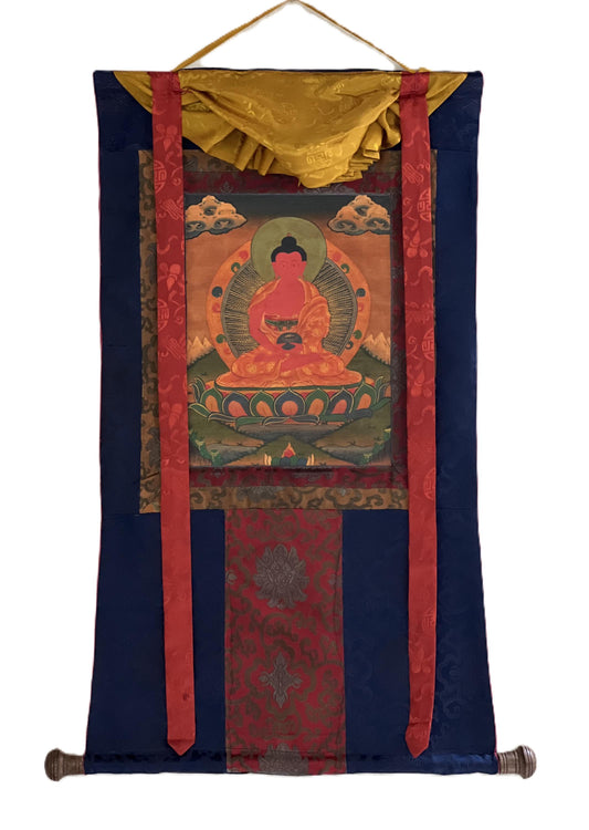 Hand-Painted Amitabha Buddha Thangka | Tibetan Silk Brocade Painting