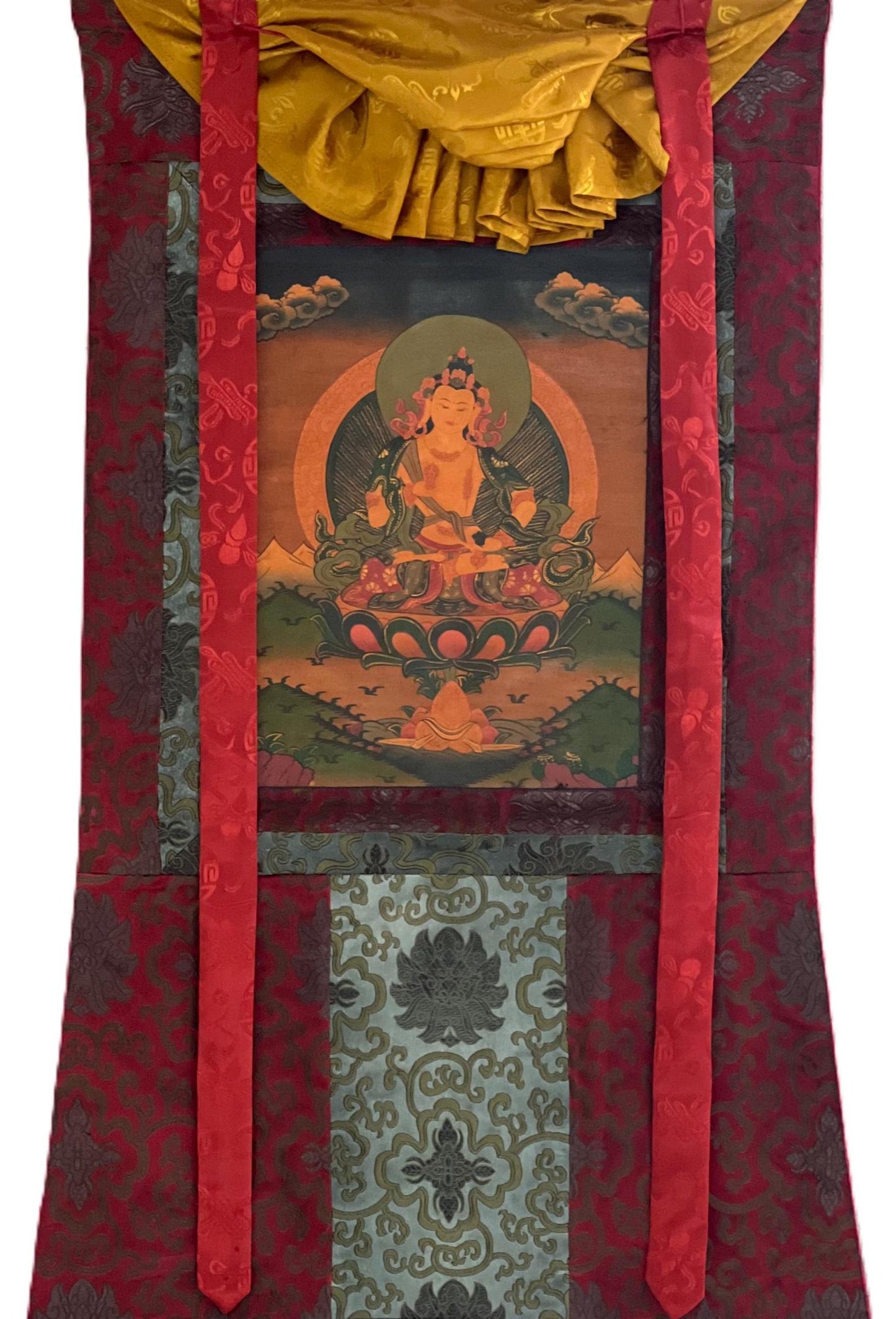 Hand-Painted Vajrasattva Thangka | Oil Varnished Tibetan Painting Silk Brocade