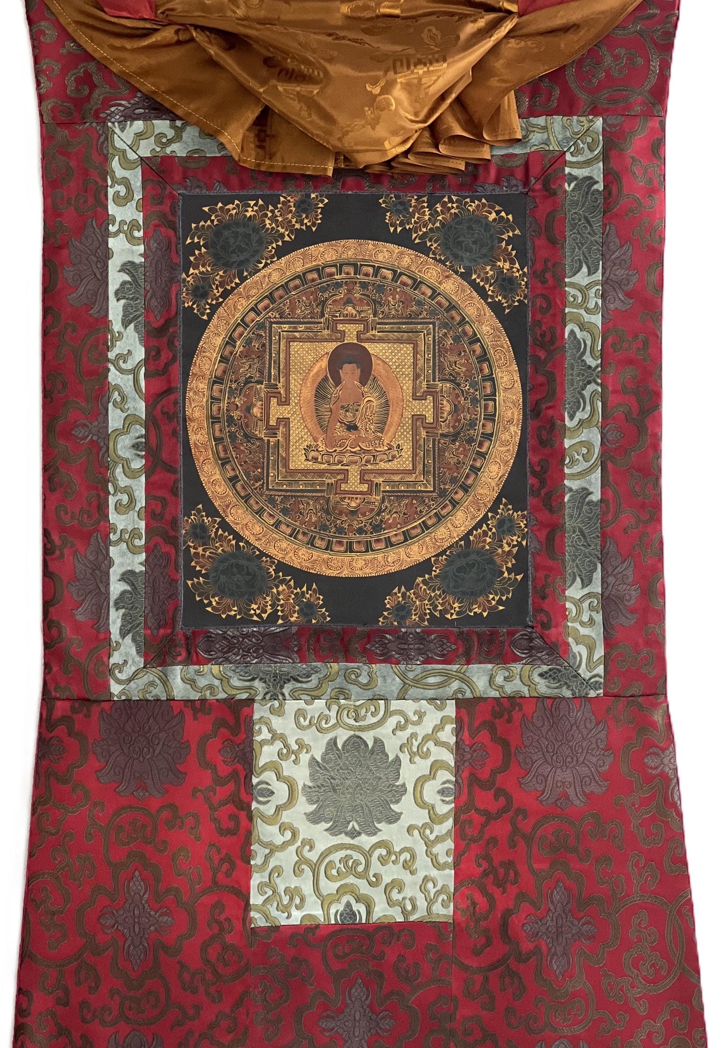 Hand-Painted Shakyamuni Buddha Mandala Thangka | Silk Brocade Art