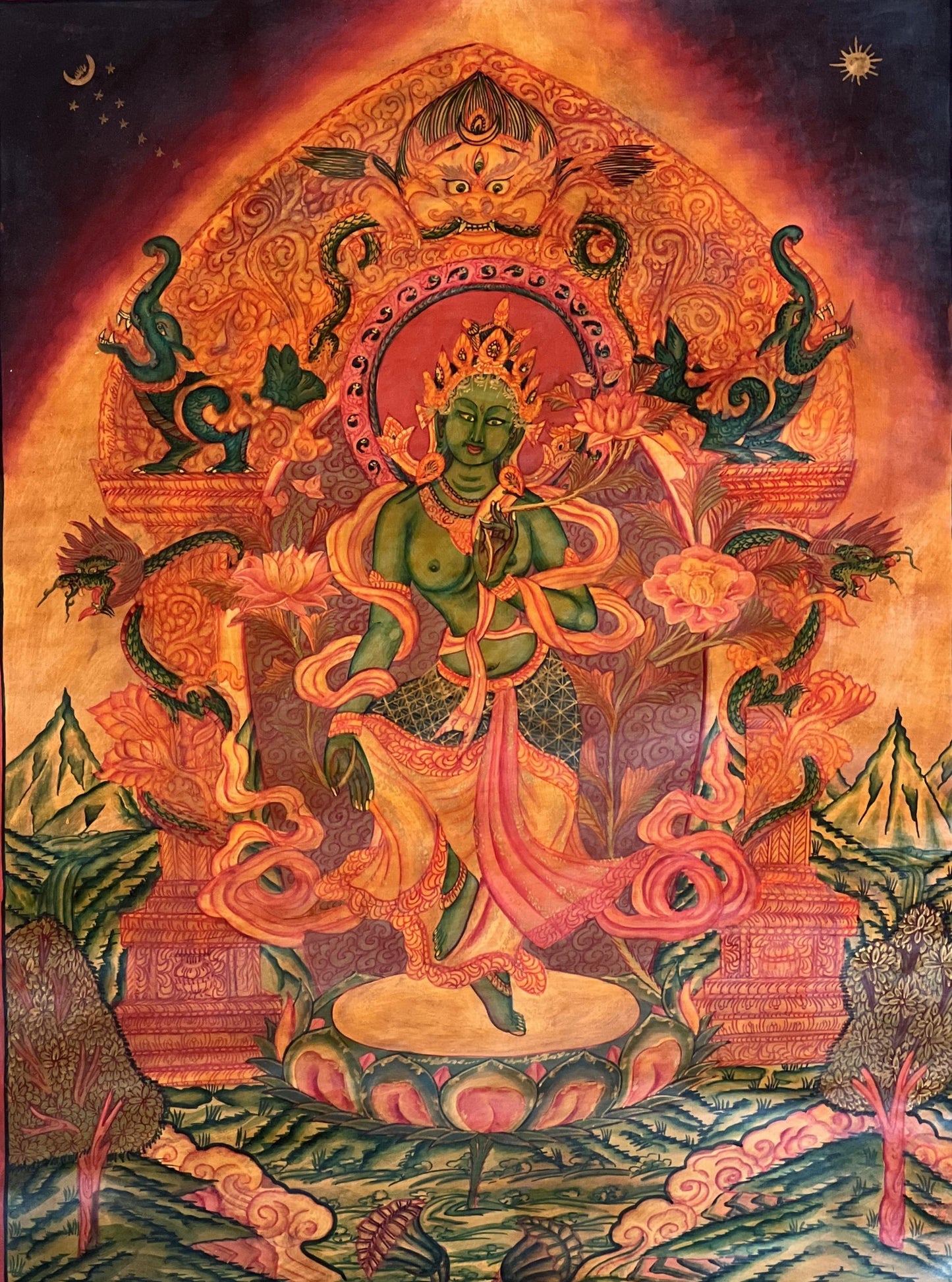Original Newari Green Tara Thangka Painting | Paubha Art | Oil Varnish | Mother Goddess