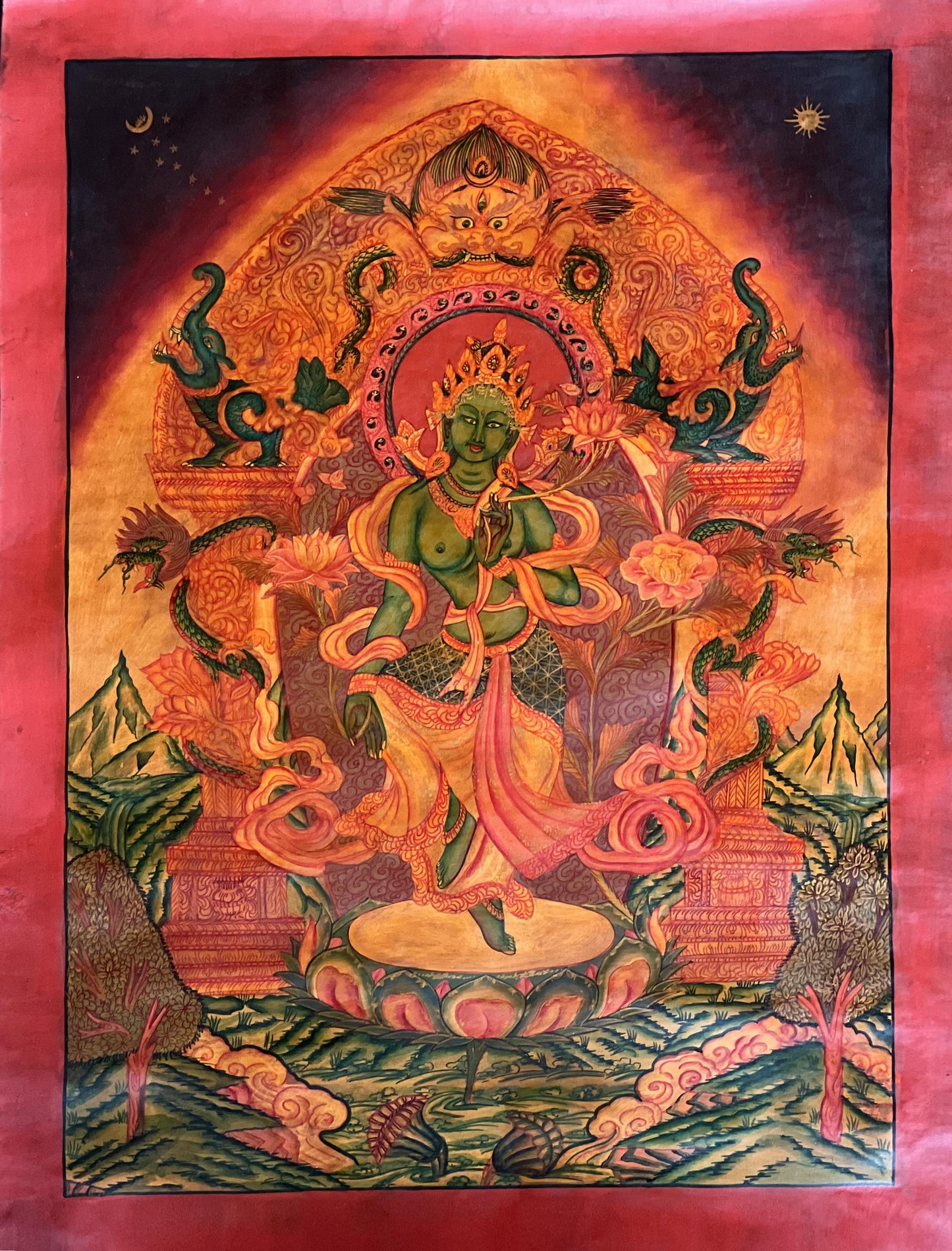 Original Newari Green Tara Thangka Painting | Paubha Art | Oil Varnish | Mother Goddess