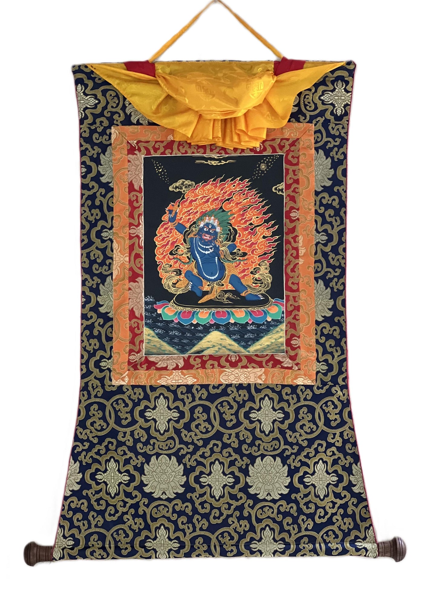 Vajrapani Thangka Painting | Hand-Painted Tibetan Buddhist Protector with Silk Frame