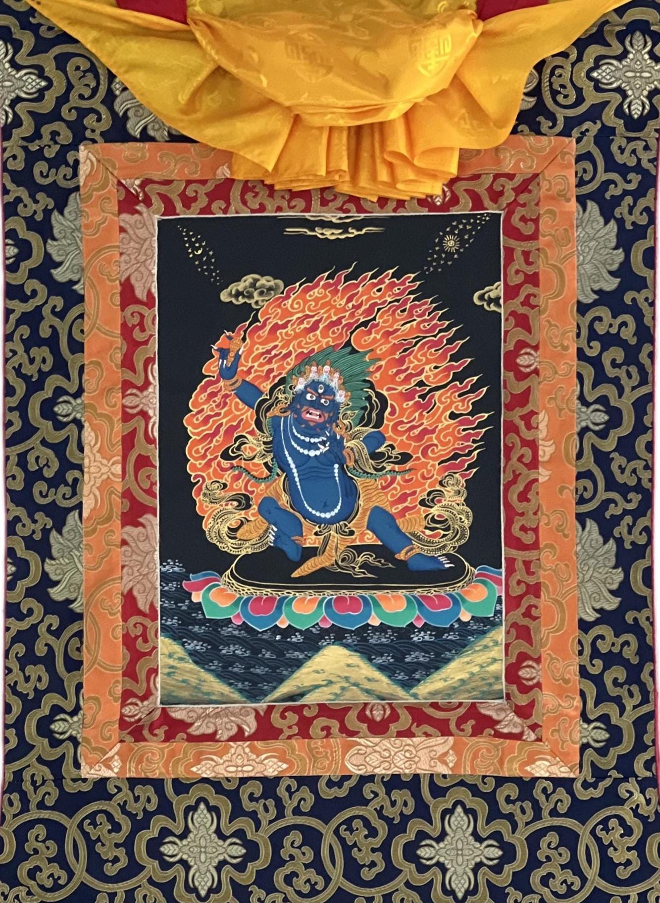 Vajrapani Thangka Painting | Hand-Painted Tibetan Buddhist Protector with Silk Frame