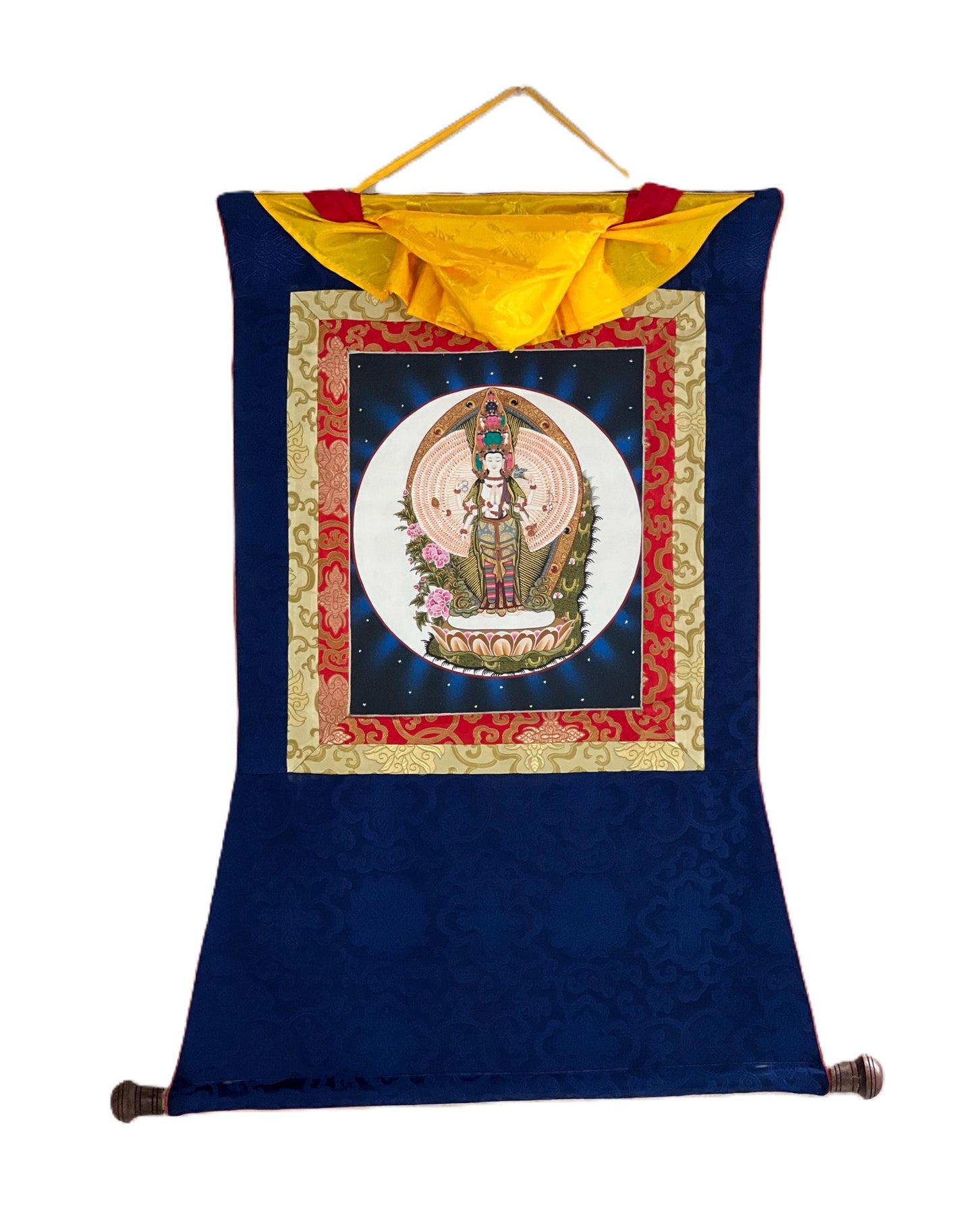 Original Hand-Painted Tibetan Thangka of Thousand-Armed Avalokiteshvara (Chenrezig) with Silk Brocade - Compassion Meditation Art