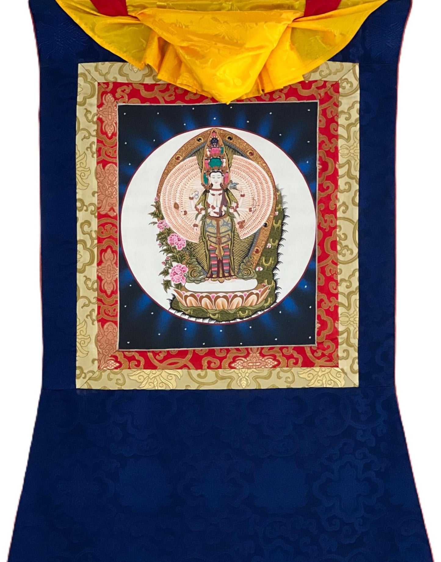 Original Hand-Painted Tibetan Thangka of Thousand-Armed Avalokiteshvara (Chenrezig) with Silk Brocade - Compassion Meditation Art