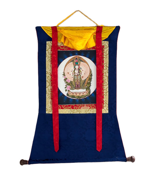 Original Hand-Painted Tibetan Thangka of Thousand-Armed Avalokiteshvara (Chenrezig) with Silk Brocade - Compassion Meditation Art