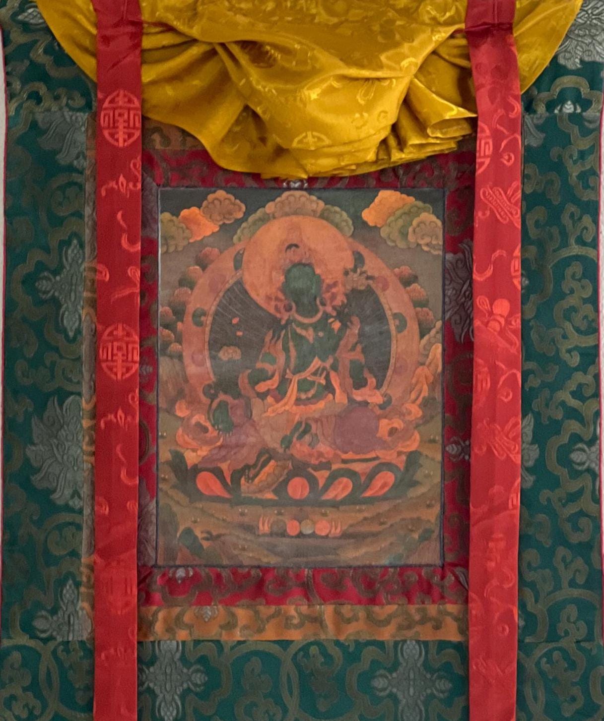 Original Hand-painted Green Tara/ Mother Goddess  Oil Varnished Tibetan Thangka Painting with Silk Brocade