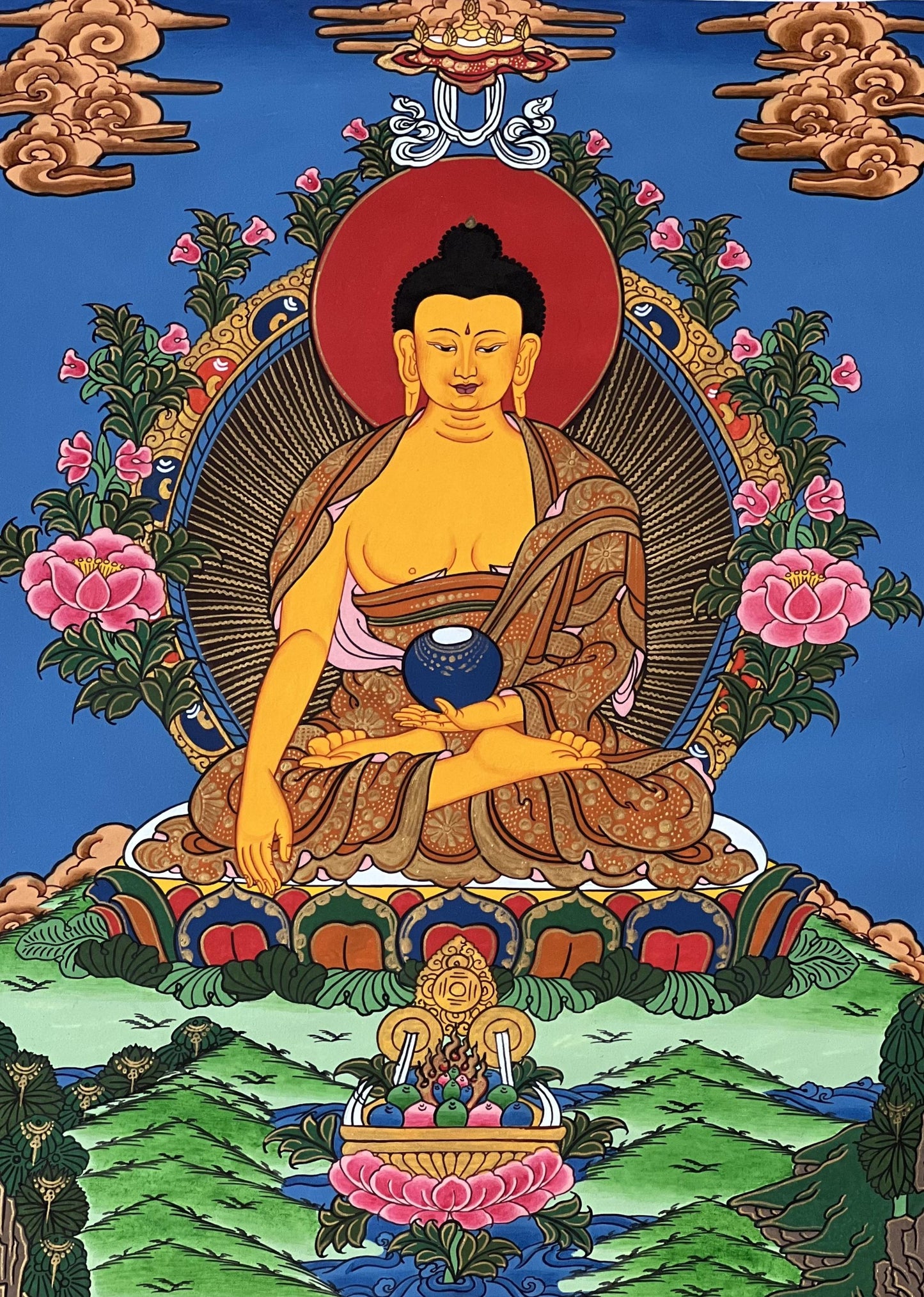 Hand-Painted Shakyamuni Buddha Thangka – Silk Brocade Frame, Tibetan Art