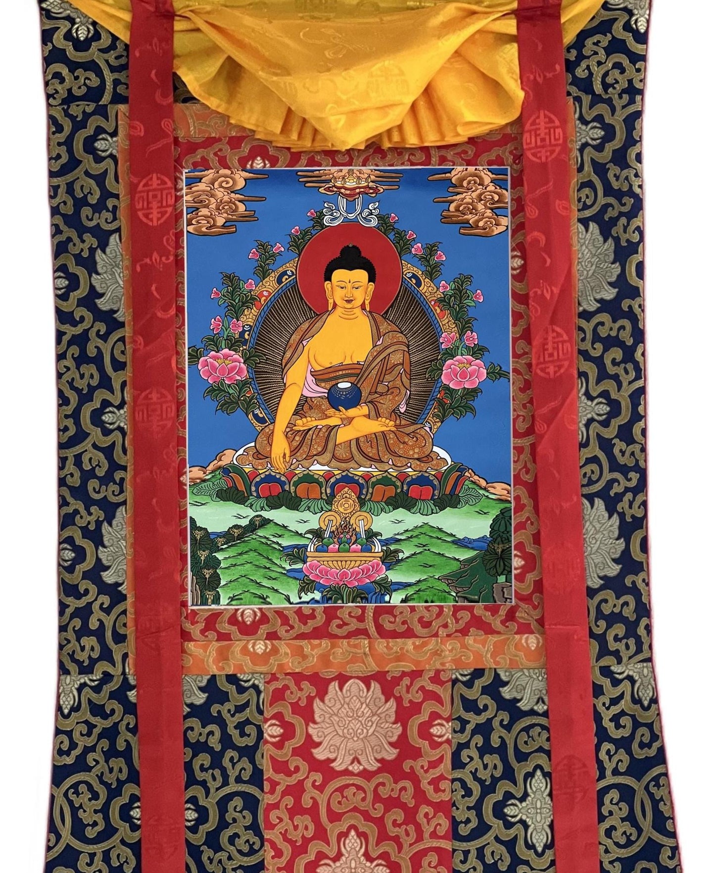 Hand-Painted Shakyamuni Buddha Thangka – Silk Brocade Frame, Tibetan Art