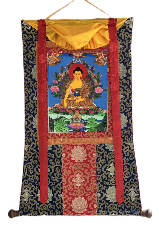 Hand-Painted Shakyamuni Buddha Thangka – Silk Brocade Frame, Tibetan Art