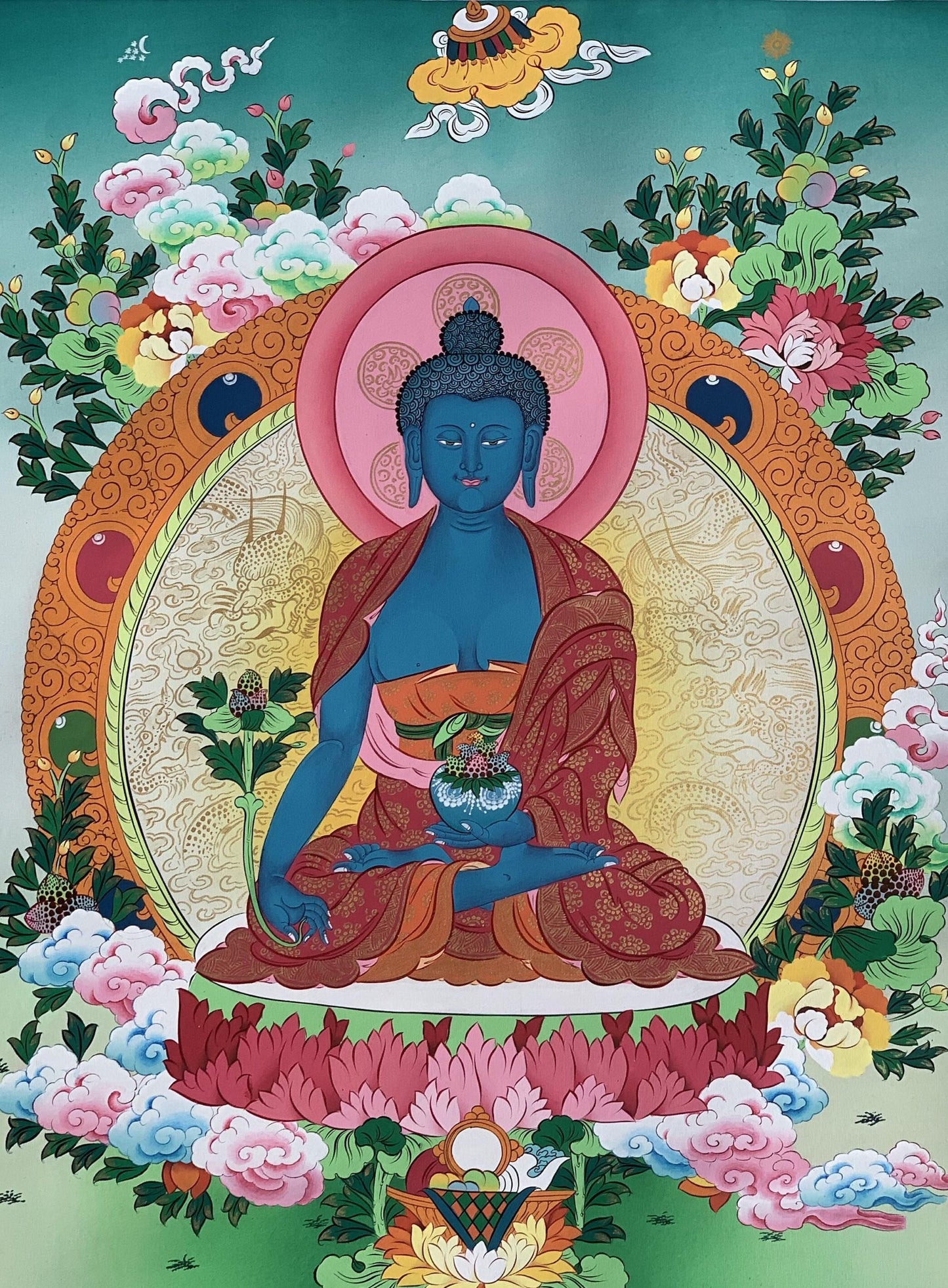 Medicine Buddha Thangka | Hand Painted Healing Buddha Art | Tibetan Masterpiece | Bhaisajyaguru Painting