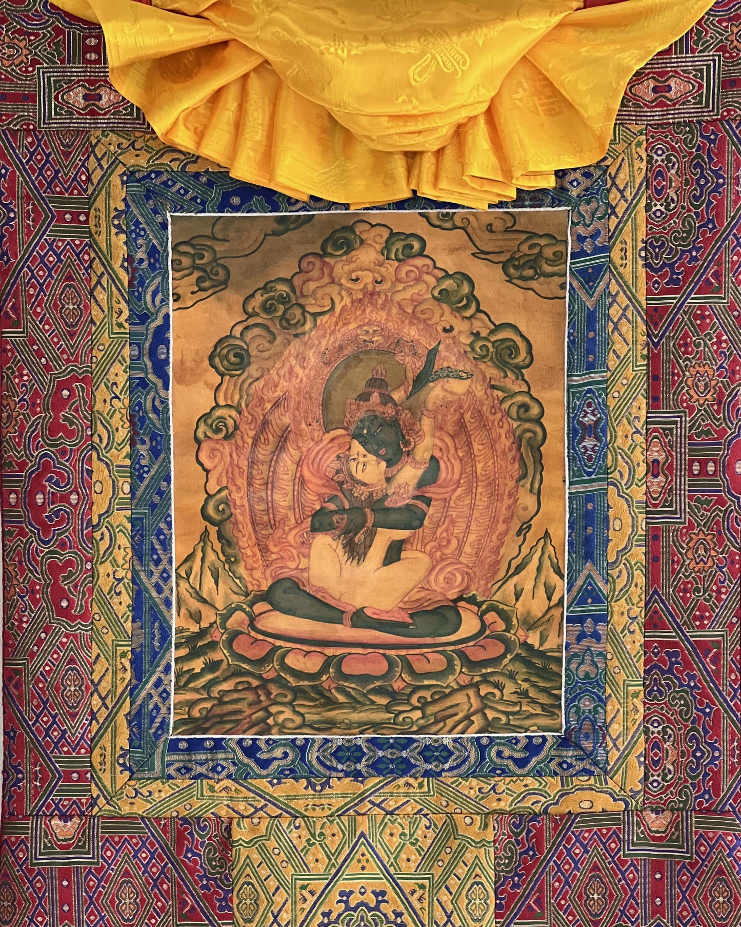 Vajradhara Yab Yum Thangka | Tibetan Silk Brocade Masterpiece