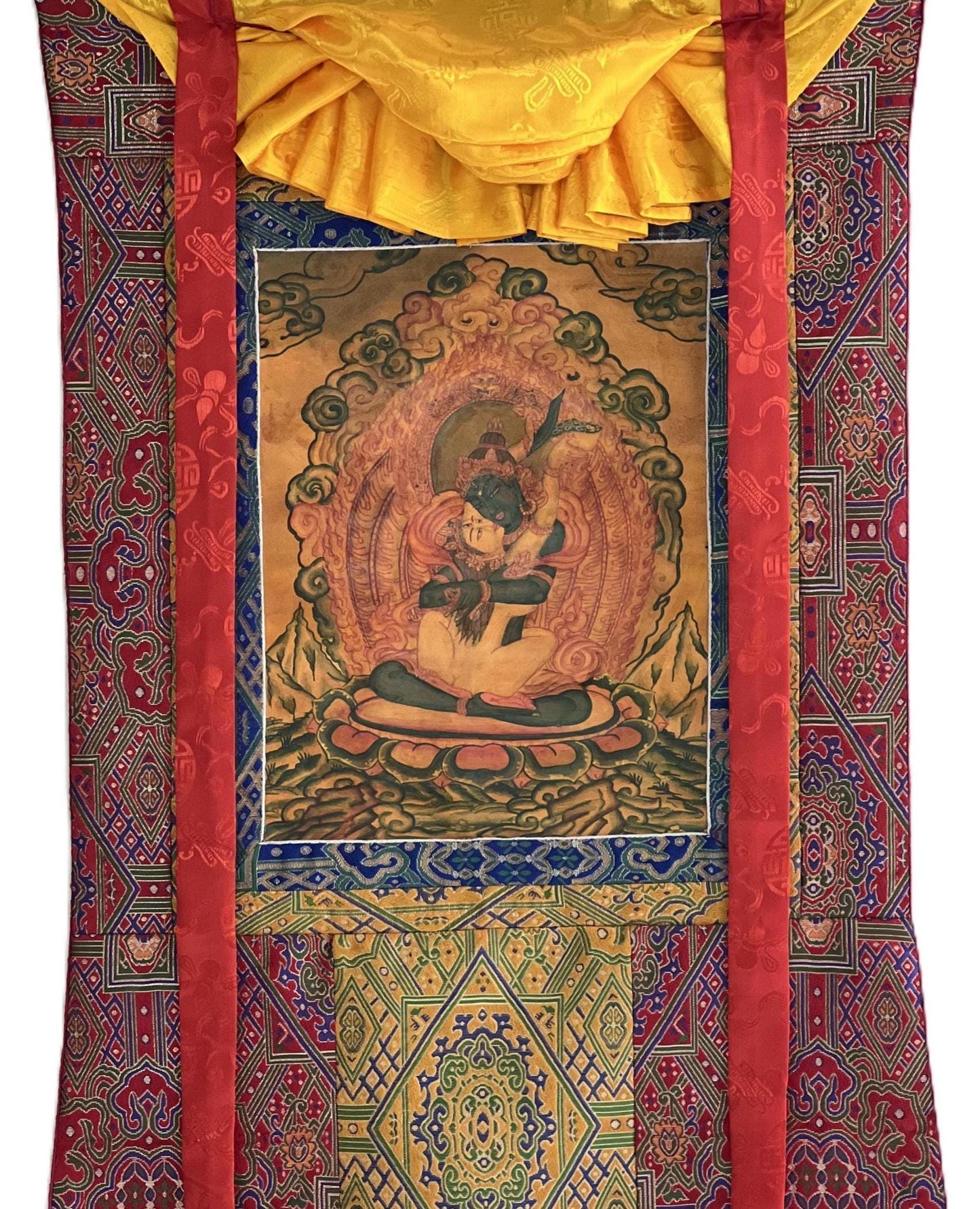 Vajradhara Yab Yum Thangka | Tibetan Silk Brocade Masterpiece