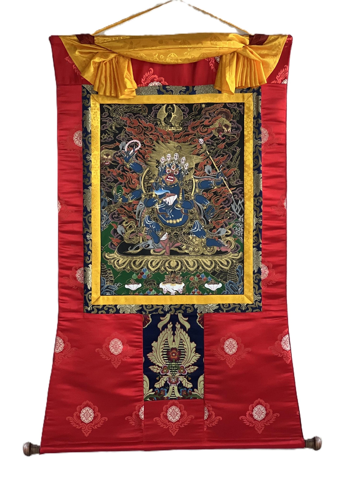 Hand-Painted Mahakala Tibetan Thangka | Buddhist Spiritual Art | Silk Brocade