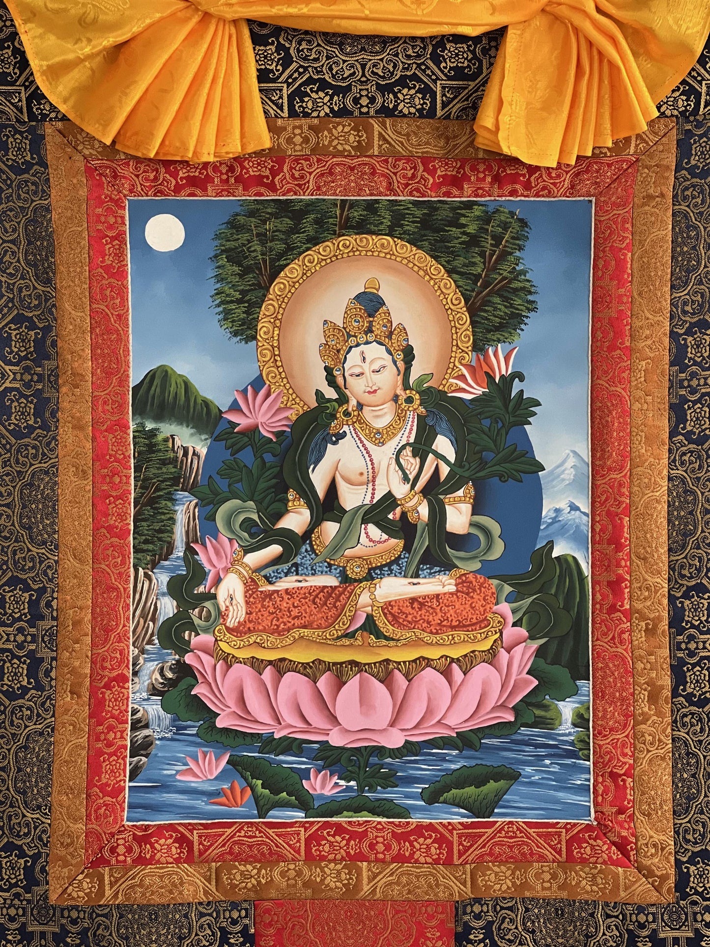 White Tara Thangka – Newari Paubha, Hand-Painted Meditation Art, Silk Brocade