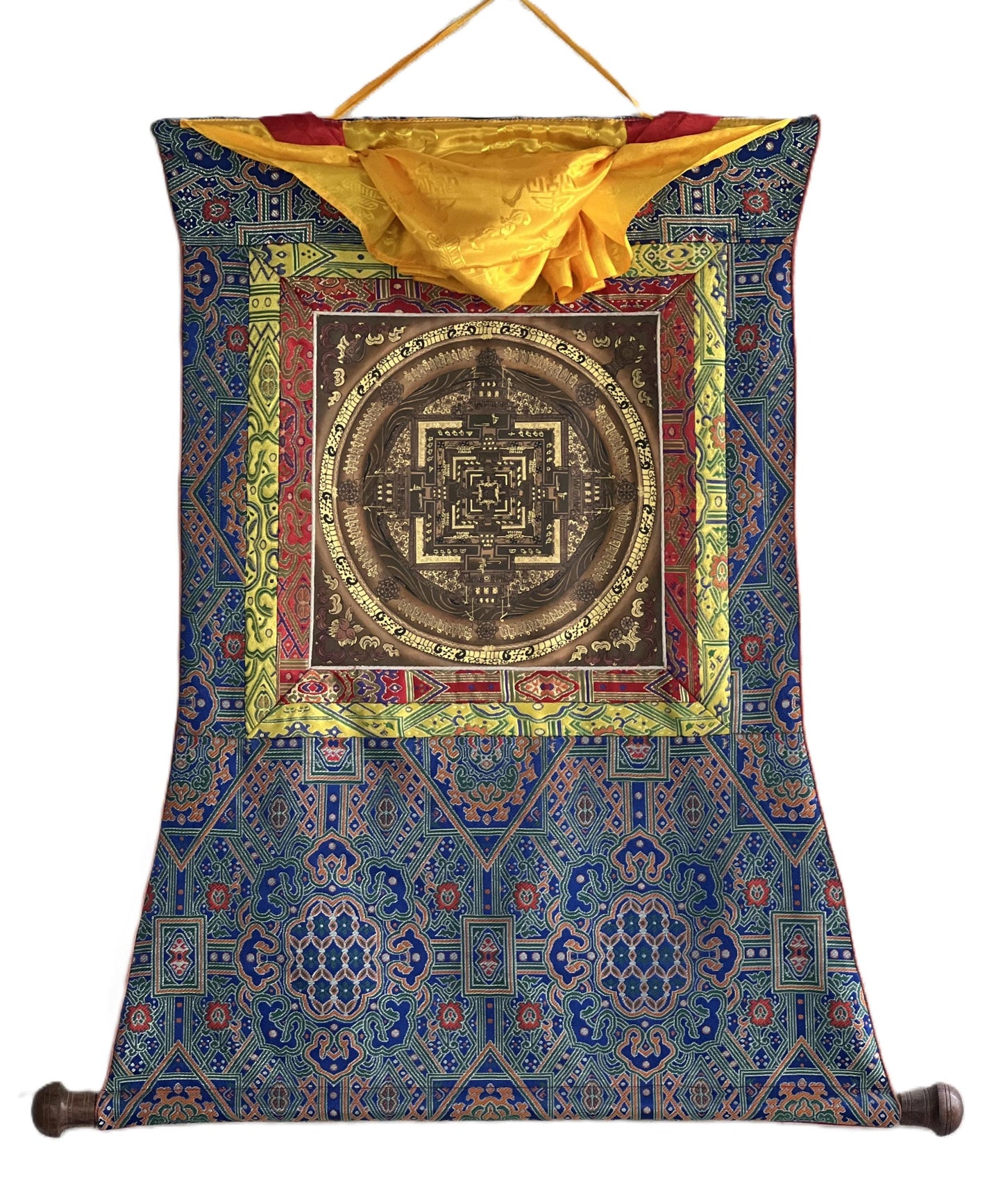 Hand-Painted Kalachakra Mandala Thangka – Tibetan Wheel of Time Art with Silk Brocade