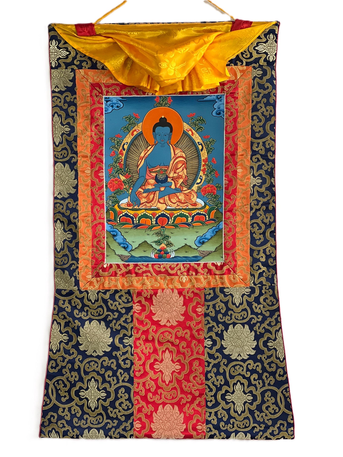 Hand-Painted Medicine Buddha Thangka – Tibetan Healing Art with Silk Brocade