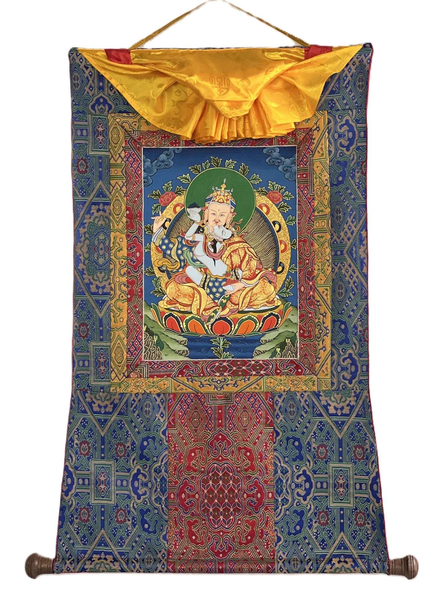 Hand-Painted Padmasambhava Thangka – Guru Rinpoche, Silk Brocade Tibetan Art
