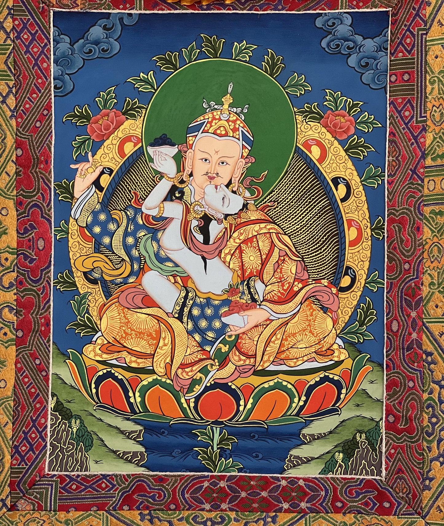 Hand-Painted Padmasambhava Thangka – Guru Rinpoche, Silk Brocade Tibetan Art